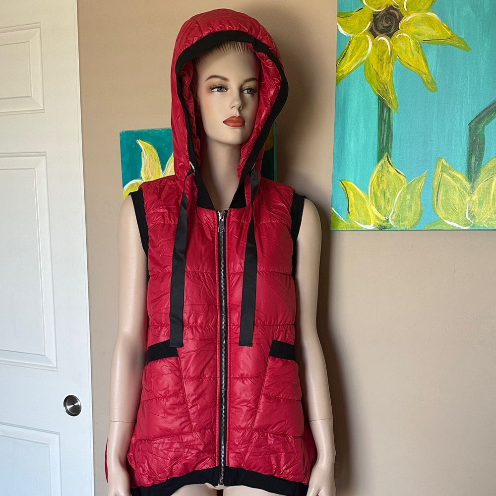 Red Hooded Puffer Vest with Black Accents